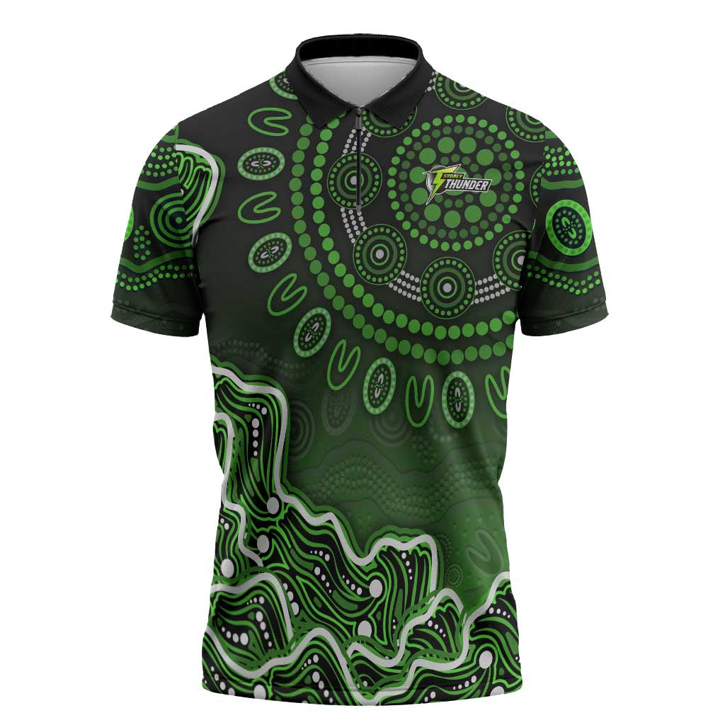 Sydney Thunder Cricket Mascot Zipper Polo Shirt Aboriginal Dot Art Green And Black Tribal Pattern