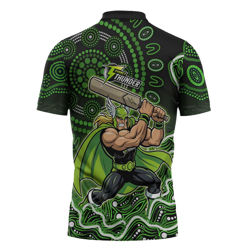 Sydney Thunder Cricket Mascot Zipper Polo Shirt Aboriginal Dot Art Green And Black Tribal Pattern