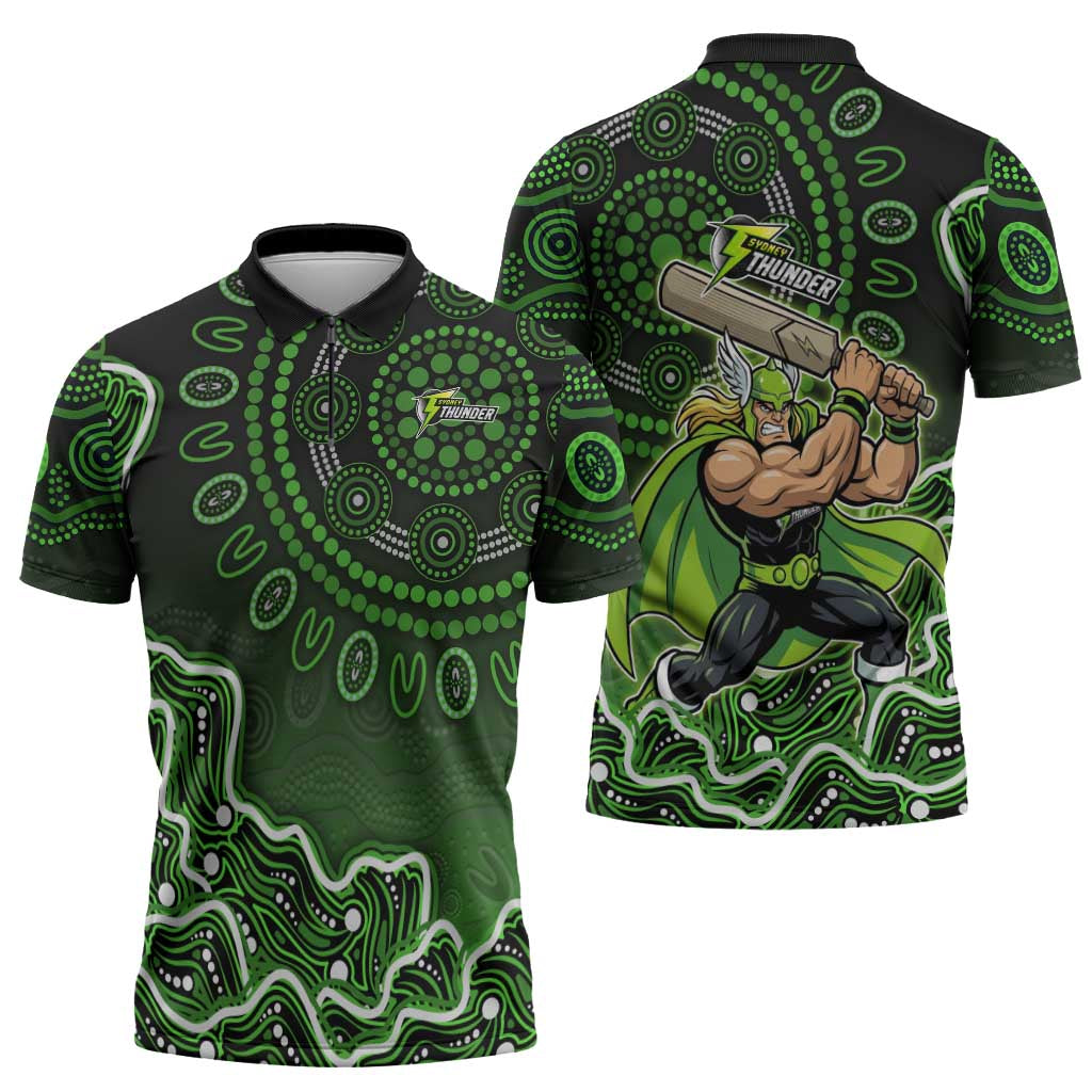 Sydney Thunder Cricket Mascot Zipper Polo Shirt Aboriginal Dot Art Green And Black Tribal Pattern