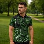 Sydney Thunder Cricket Mascot Zipper Polo Shirt Aboriginal Dot Art Green And Black Tribal Pattern