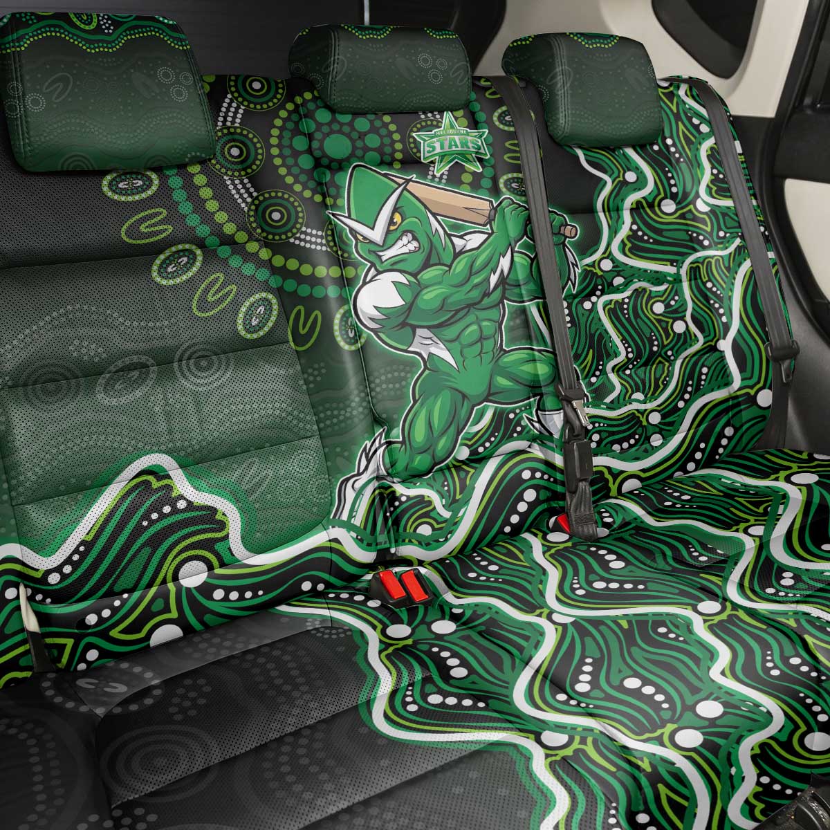 Melbourne Stars Cricket Mascot Back Car Seat Cover Aboriginal Dot Art Green And Black Tribal Pattern