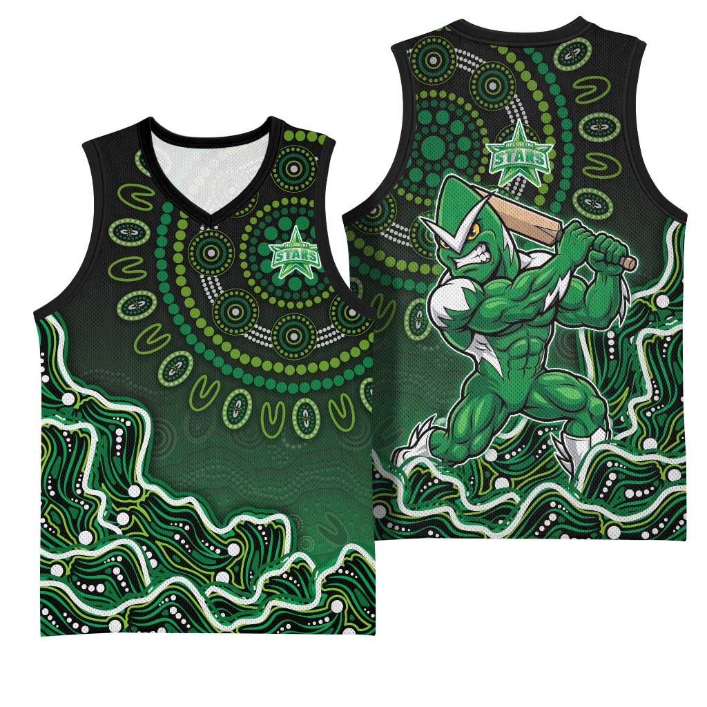 Melbourne Stars Cricket Mascot Basketball Jersey Aboriginal Dot Art Green And Black Tribal Pattern