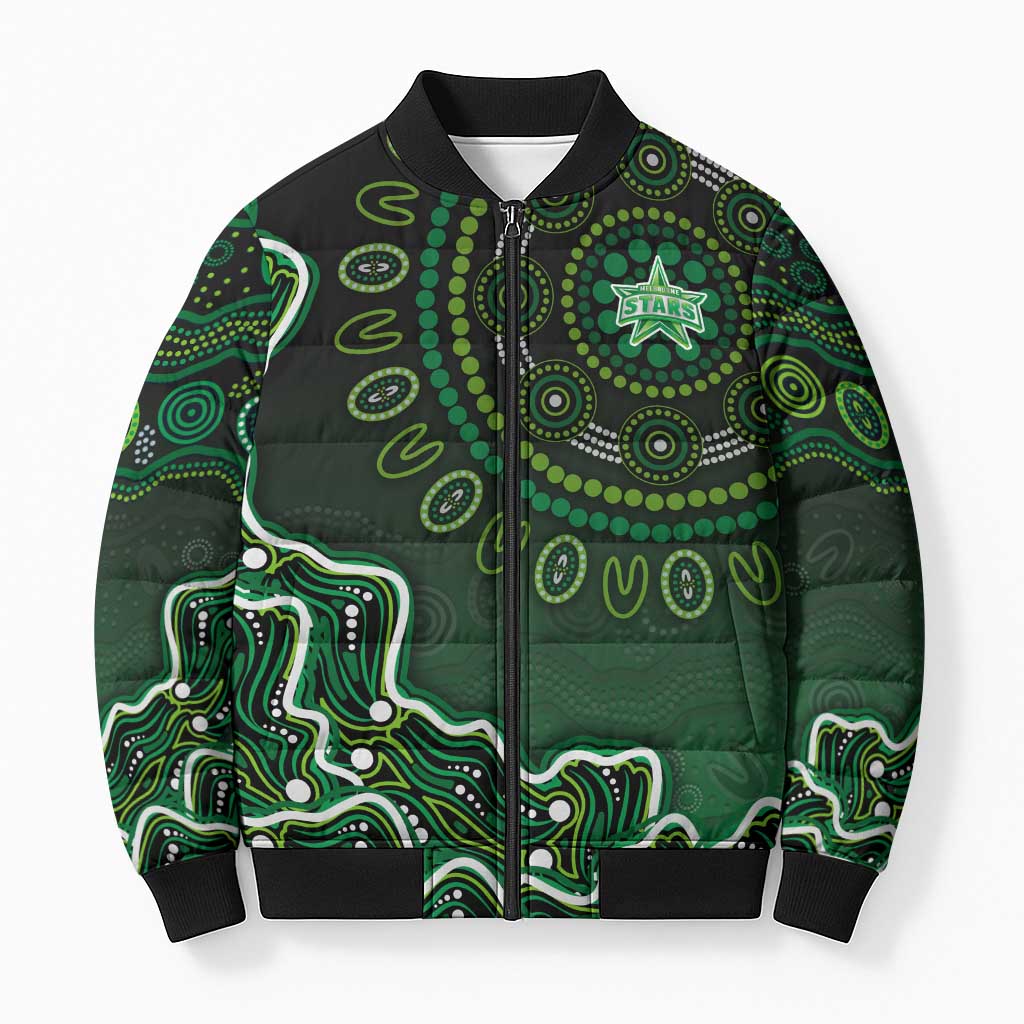 Melbourne Stars Cricket Mascot Bomber Puffer Jacket Aboriginal Dot Art Green And Black Tribal Pattern