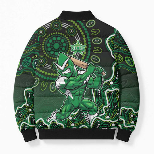 Melbourne Stars Cricket Mascot Bomber Puffer Jacket Aboriginal Dot Art Green And Black Tribal Pattern