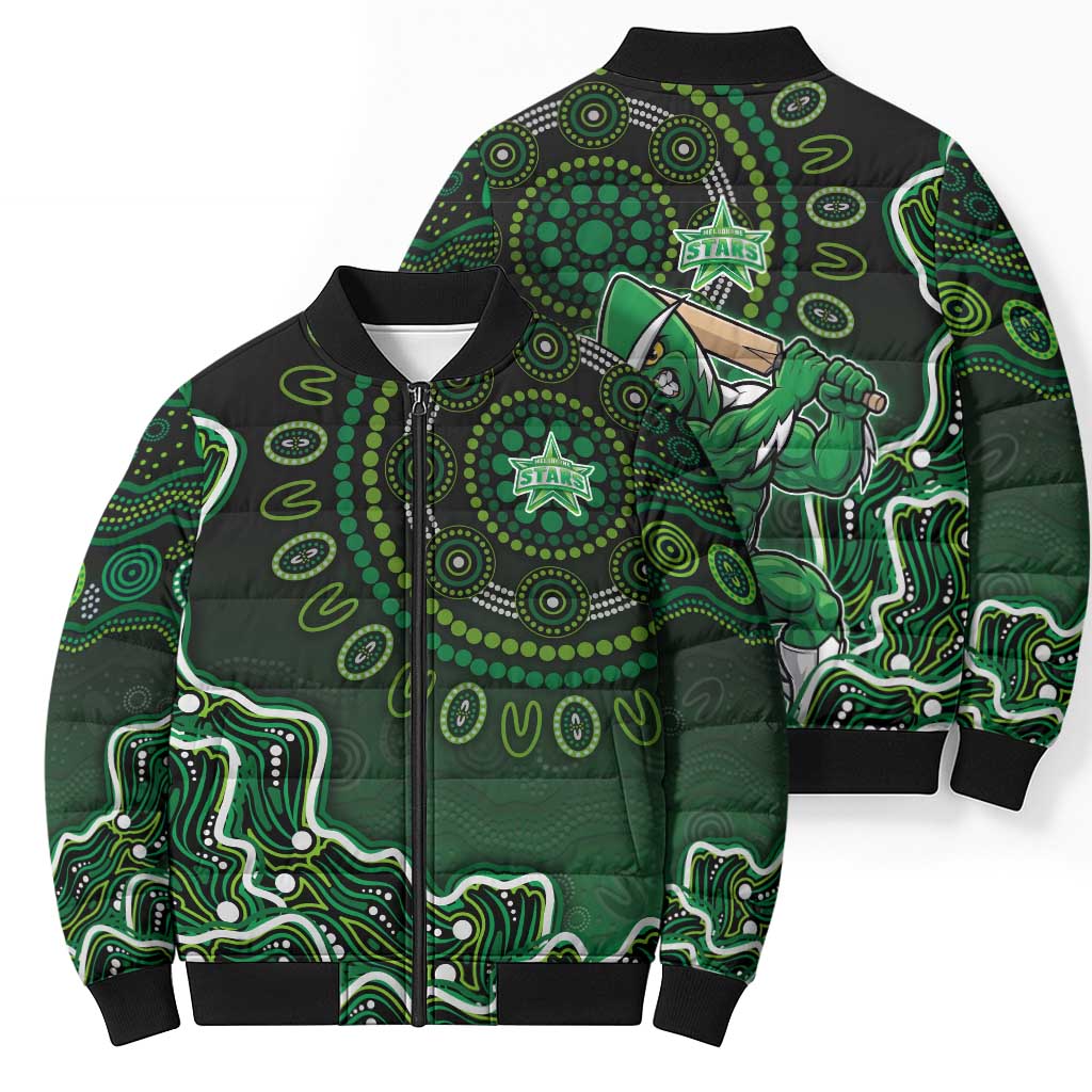 Melbourne Stars Cricket Mascot Bomber Puffer Jacket Aboriginal Dot Art Green And Black Tribal Pattern