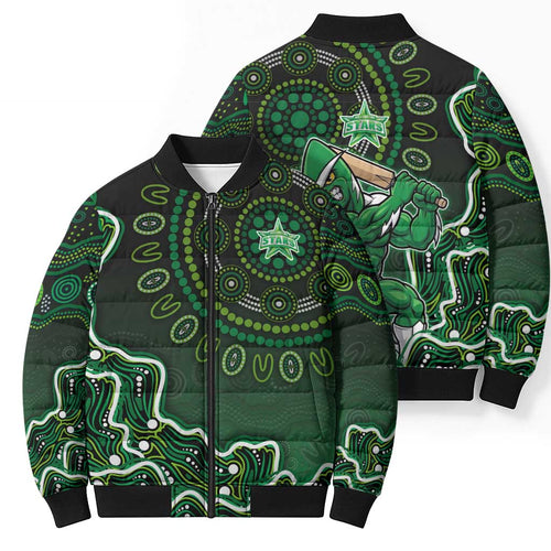 Melbourne Stars Cricket Mascot Bomber Puffer Jacket Aboriginal Dot Art Green And Black Tribal Pattern