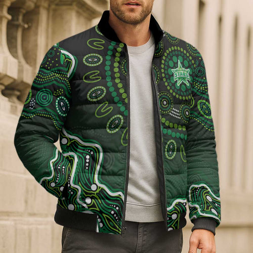 Melbourne Stars Cricket Mascot Bomber Puffer Jacket Aboriginal Dot Art Green And Black Tribal Pattern