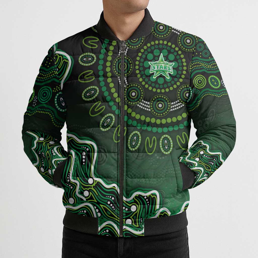 Melbourne Stars Cricket Mascot Bomber Puffer Jacket Aboriginal Dot Art Green And Black Tribal Pattern