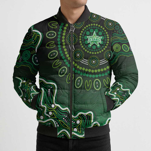 Melbourne Stars Cricket Mascot Bomber Puffer Jacket Aboriginal Dot Art Green And Black Tribal Pattern
