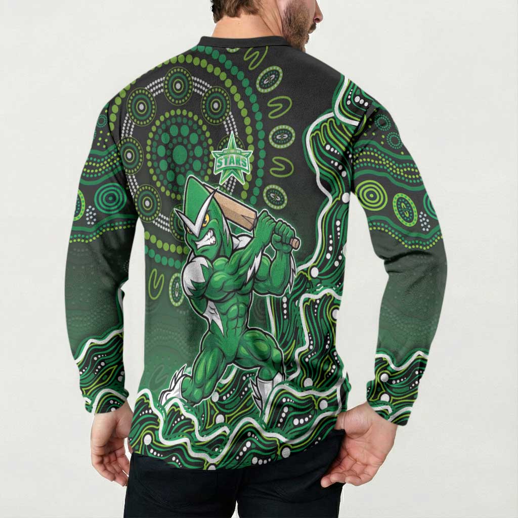 Melbourne Stars Cricket Mascot Button Sweatshirt Aboriginal Dot Art Green And Black Tribal Pattern