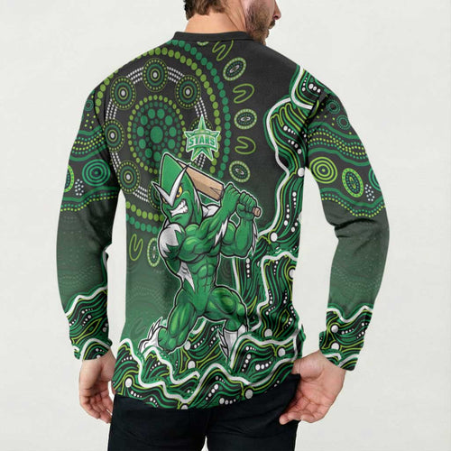 Melbourne Stars Cricket Mascot Button Sweatshirt Aboriginal Dot Art Green And Black Tribal Pattern