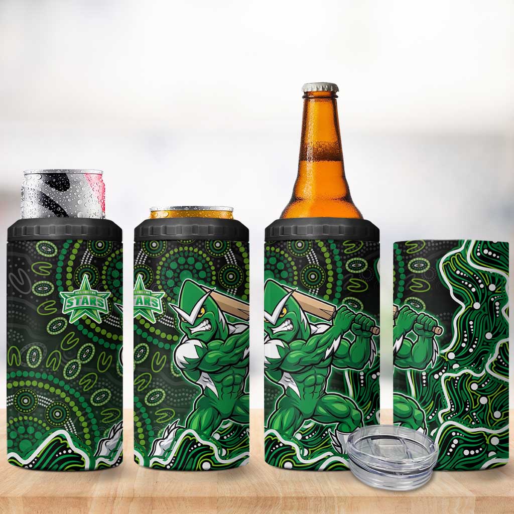 Melbourne Stars Cricket Mascot 4 in 1 Can Cooler Tumbler Aboriginal Dot Art Green And Black Tribal Pattern