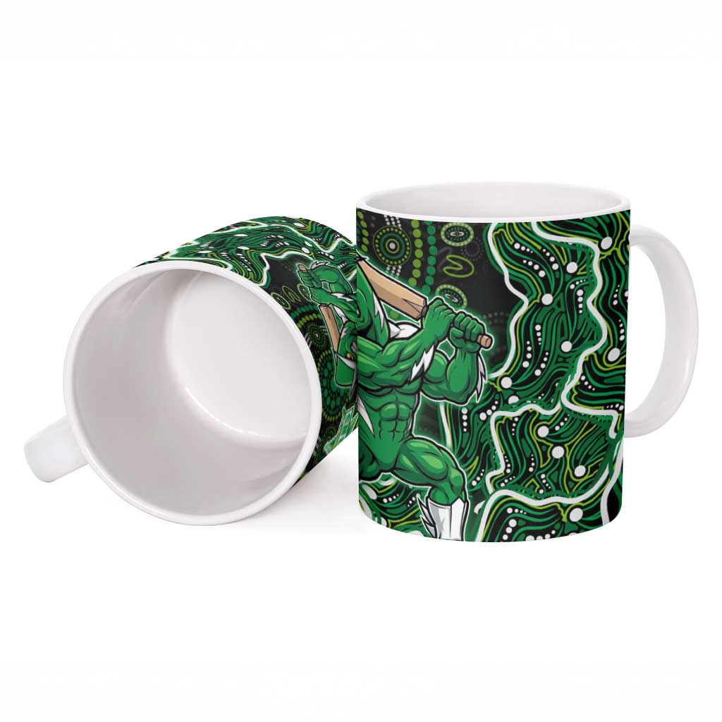 Melbourne Stars Cricket Mascot Ceramic Mug Aboriginal Dot Art Green And Black Tribal Pattern