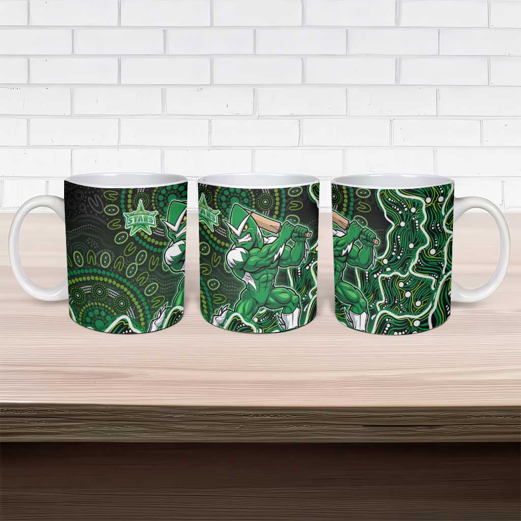 Melbourne Stars Cricket Mascot Ceramic Mug Aboriginal Dot Art Green And Black Tribal Pattern
