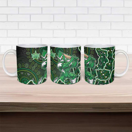 Melbourne Stars Cricket Mascot Ceramic Mug Aboriginal Dot Art Green And Black Tribal Pattern