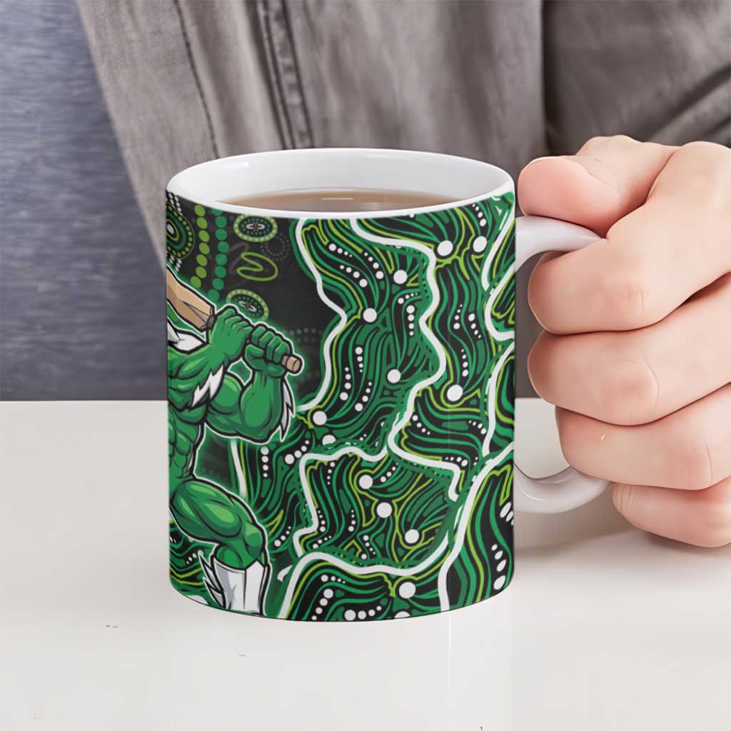 Melbourne Stars Cricket Mascot Ceramic Mug Aboriginal Dot Art Green And Black Tribal Pattern