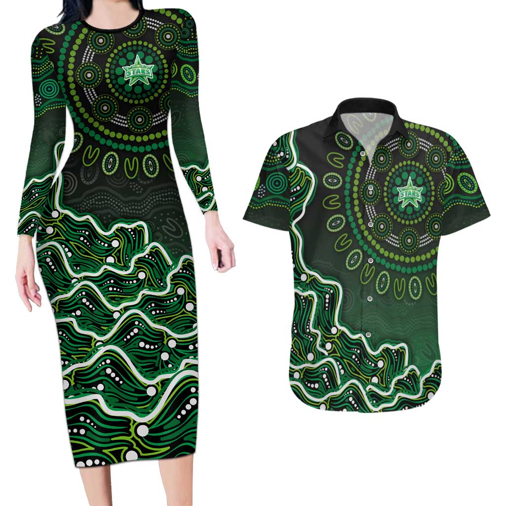 Melbourne Stars Cricket Mascot Couples Matching Long Sleeve Bodycon Dress and Hawaiian Shirt Aboriginal Dot Art Green And Black Tribal Pattern