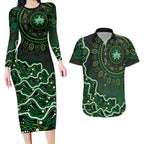 Melbourne Stars Cricket Mascot Couples Matching Long Sleeve Bodycon Dress and Hawaiian Shirt Aboriginal Dot Art Green And Black Tribal Pattern