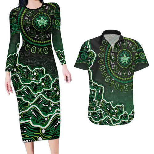 Melbourne Stars Cricket Mascot Couples Matching Long Sleeve Bodycon Dress and Hawaiian Shirt Aboriginal Dot Art Green And Black Tribal Pattern