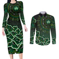 Melbourne Stars Cricket Mascot Couples Matching Long Sleeve Bodycon Dress and Long Sleeve Button Shirt Aboriginal Dot Art Green And Black Tribal Pattern