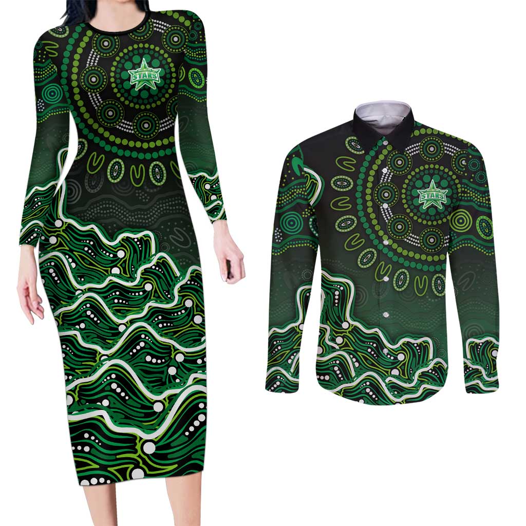 Melbourne Stars Cricket Mascot Couples Matching Long Sleeve Bodycon Dress and Long Sleeve Button Shirt Aboriginal Dot Art Green And Black Tribal Pattern