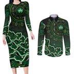 Melbourne Stars Cricket Mascot Couples Matching Long Sleeve Bodycon Dress and Long Sleeve Button Shirt Aboriginal Dot Art Green And Black Tribal Pattern