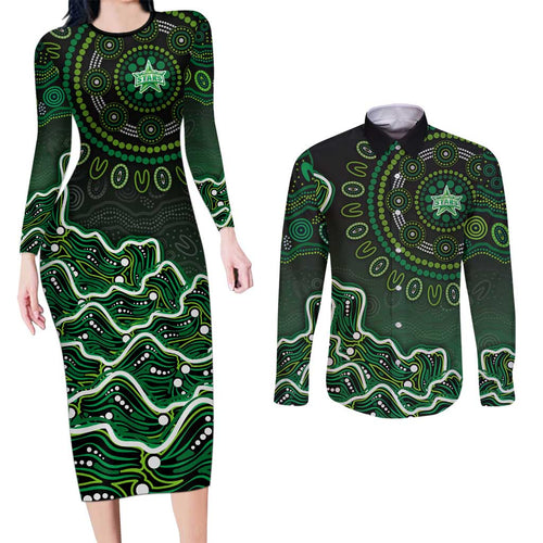 Melbourne Stars Cricket Mascot Couples Matching Long Sleeve Bodycon Dress and Long Sleeve Button Shirt Aboriginal Dot Art Green And Black Tribal Pattern