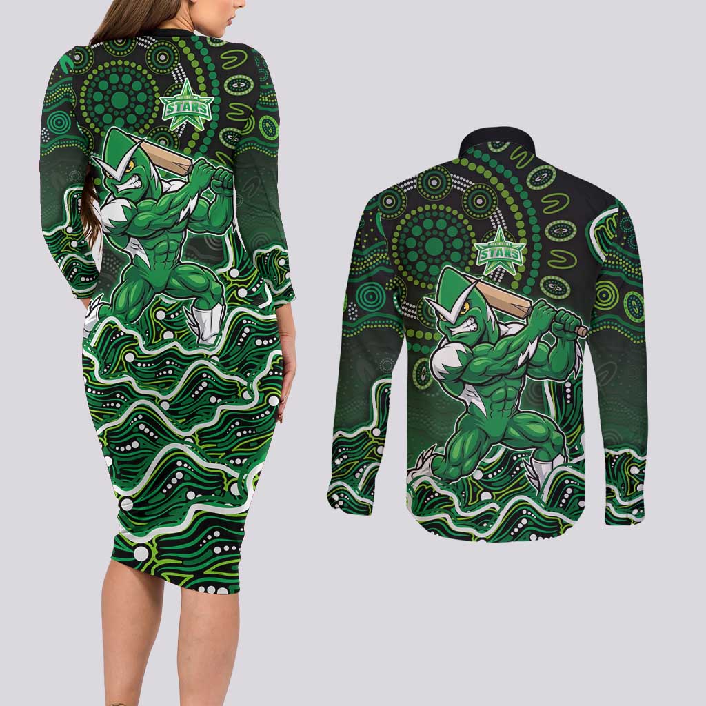 Melbourne Stars Cricket Mascot Couples Matching Long Sleeve Bodycon Dress and Long Sleeve Button Shirt Aboriginal Dot Art Green And Black Tribal Pattern