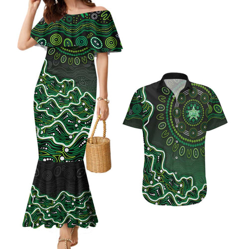 Melbourne Stars Cricket Mascot Couples Matching Mermaid Dress and Hawaiian Shirt Aboriginal Dot Art Green And Black Tribal Pattern