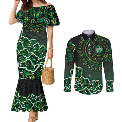 Melbourne Stars Cricket Mascot Couples Matching Mermaid Dress and Long Sleeve Button Shirt Aboriginal Dot Art Green And Black Tribal Pattern
