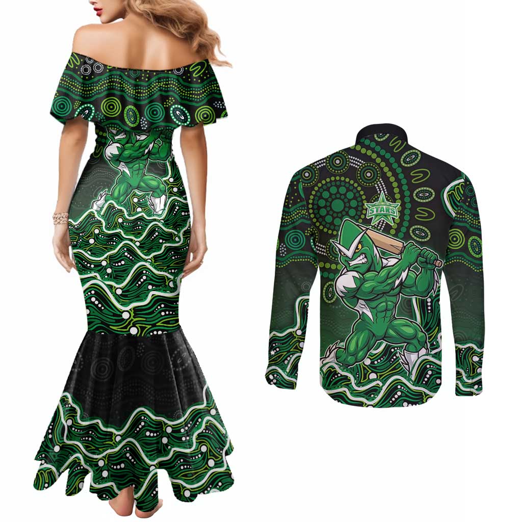 Melbourne Stars Cricket Mascot Couples Matching Mermaid Dress and Long Sleeve Button Shirt Aboriginal Dot Art Green And Black Tribal Pattern