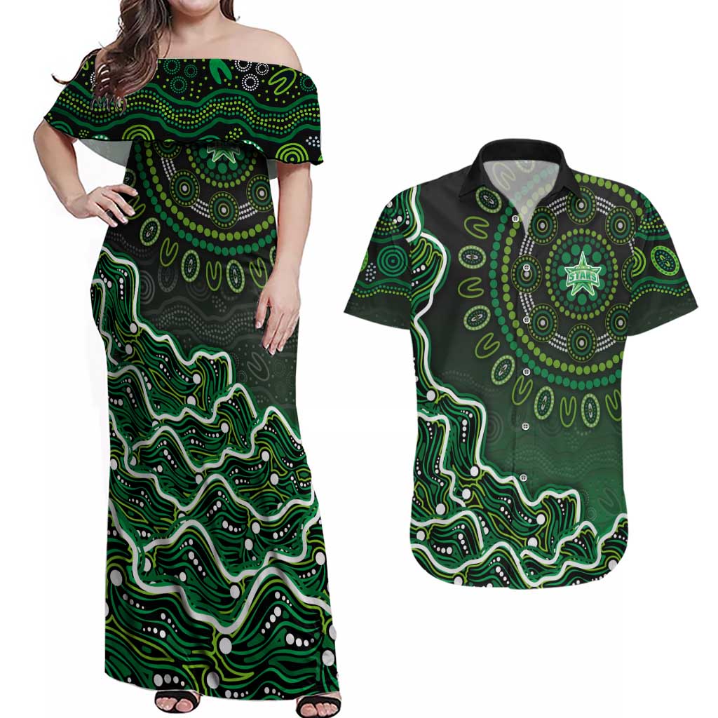 Melbourne Stars Cricket Mascot Couples Matching Off Shoulder Maxi Dress and Hawaiian Shirt Aboriginal Dot Art Green And Black Tribal Pattern