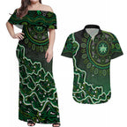Melbourne Stars Cricket Mascot Couples Matching Off Shoulder Maxi Dress and Hawaiian Shirt Aboriginal Dot Art Green And Black Tribal Pattern