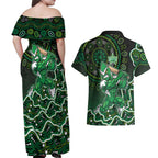 Melbourne Stars Cricket Mascot Couples Matching Off Shoulder Maxi Dress and Hawaiian Shirt Aboriginal Dot Art Green And Black Tribal Pattern
