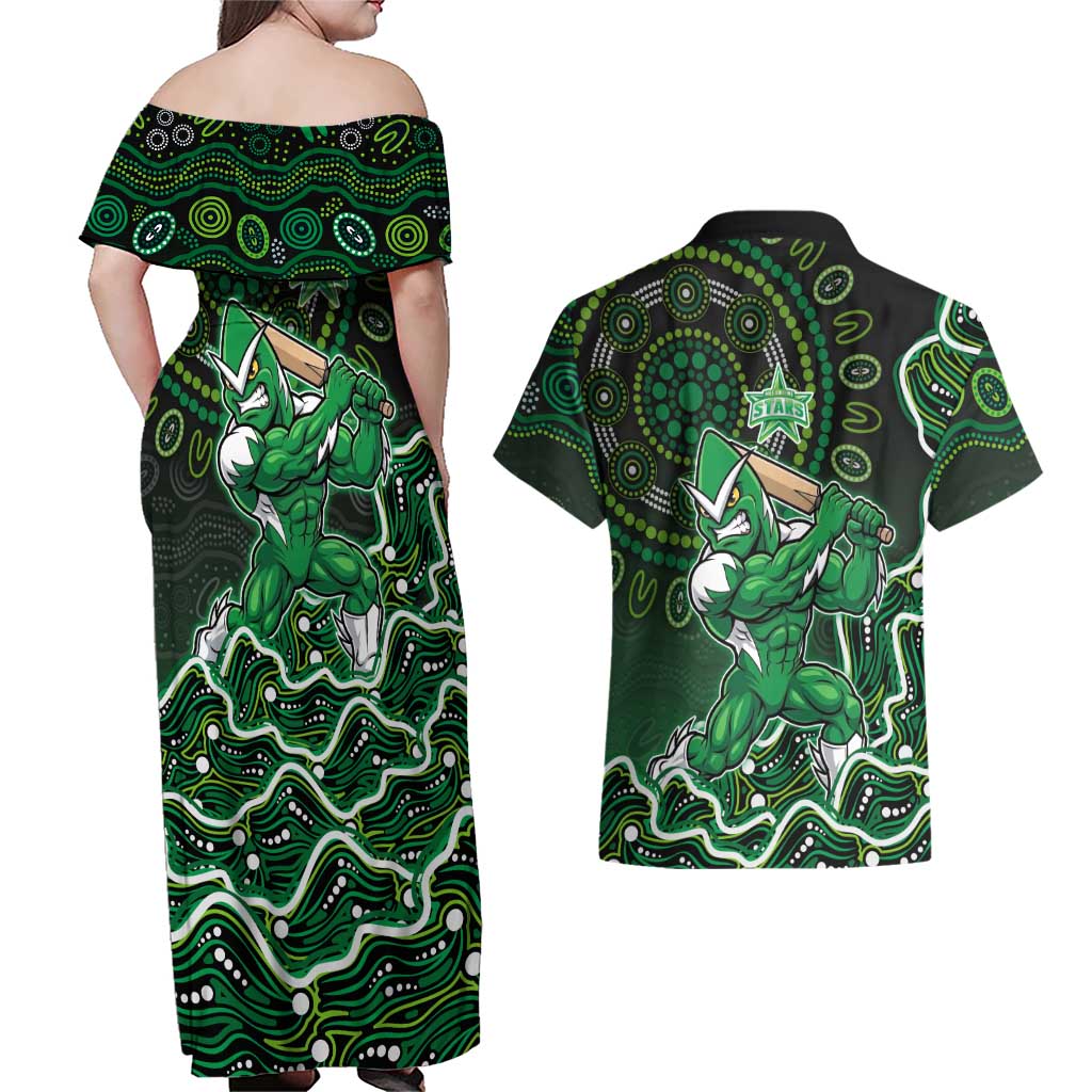 Melbourne Stars Cricket Mascot Couples Matching Off Shoulder Maxi Dress and Hawaiian Shirt Aboriginal Dot Art Green And Black Tribal Pattern
