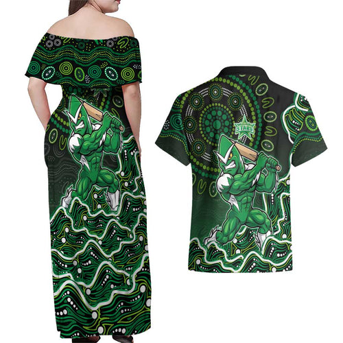 Melbourne Stars Cricket Mascot Couples Matching Off Shoulder Maxi Dress and Hawaiian Shirt Aboriginal Dot Art Green And Black Tribal Pattern