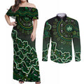Melbourne Stars Cricket Mascot Couples Matching Off Shoulder Maxi Dress and Long Sleeve Button Shirt Aboriginal Dot Art Green And Black Tribal Pattern