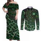 Melbourne Stars Cricket Mascot Couples Matching Off Shoulder Maxi Dress and Long Sleeve Button Shirt Aboriginal Dot Art Green And Black Tribal Pattern