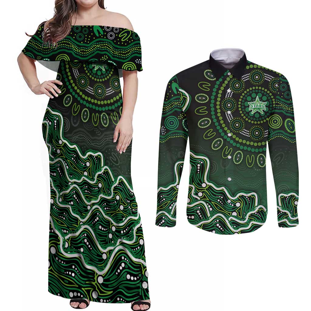 Melbourne Stars Cricket Mascot Couples Matching Off Shoulder Maxi Dress and Long Sleeve Button Shirt Aboriginal Dot Art Green And Black Tribal Pattern