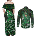 Melbourne Stars Cricket Mascot Couples Matching Off Shoulder Maxi Dress and Long Sleeve Button Shirt Aboriginal Dot Art Green And Black Tribal Pattern