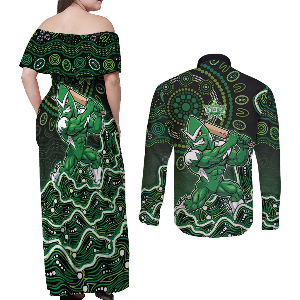 Melbourne Stars Cricket Mascot Couples Matching Off Shoulder Maxi Dress and Long Sleeve Button Shirt Aboriginal Dot Art Green And Black Tribal Pattern