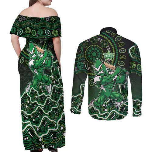 Melbourne Stars Cricket Mascot Couples Matching Off Shoulder Maxi Dress and Long Sleeve Button Shirt Aboriginal Dot Art Green And Black Tribal Pattern