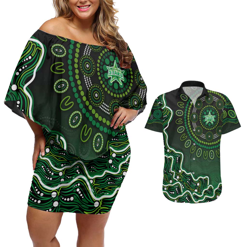 Melbourne Stars Cricket Mascot Couples Matching Off Shoulder Short Dress and Hawaiian Shirt Aboriginal Dot Art Green And Black Tribal Pattern