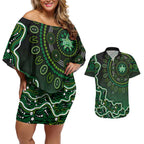 Melbourne Stars Cricket Mascot Couples Matching Off Shoulder Short Dress and Hawaiian Shirt Aboriginal Dot Art Green And Black Tribal Pattern