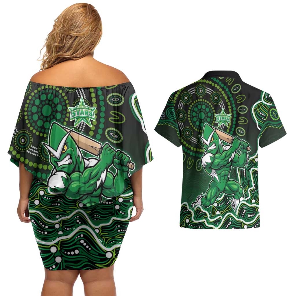 Melbourne Stars Cricket Mascot Couples Matching Off Shoulder Short Dress and Hawaiian Shirt Aboriginal Dot Art Green And Black Tribal Pattern