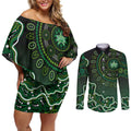 Melbourne Stars Cricket Mascot Couples Matching Off Shoulder Short Dress and Long Sleeve Button Shirt Aboriginal Dot Art Green And Black Tribal Pattern
