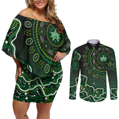 Melbourne Stars Cricket Mascot Couples Matching Off Shoulder Short Dress and Long Sleeve Button Shirt Aboriginal Dot Art Green And Black Tribal Pattern