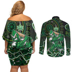 Melbourne Stars Cricket Mascot Couples Matching Off Shoulder Short Dress and Long Sleeve Button Shirt Aboriginal Dot Art Green And Black Tribal Pattern