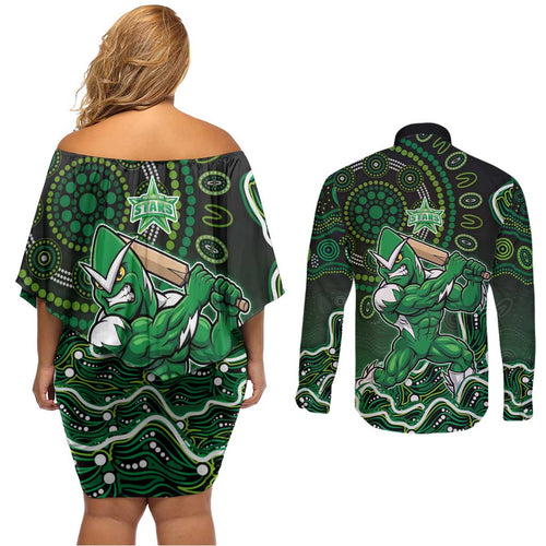 Melbourne Stars Cricket Mascot Couples Matching Off Shoulder Short Dress and Long Sleeve Button Shirt Aboriginal Dot Art Green And Black Tribal Pattern