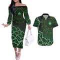 Melbourne Stars Cricket Mascot Couples Matching Off The Shoulder Long Sleeve Dress and Hawaiian Shirt Aboriginal Dot Art Green And Black Tribal Pattern